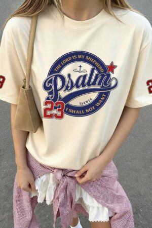 Women's Summer New Letter 23 Round Badge Print Casual Vacation Loose Versatile Crew Neck Beige Short Sleeve T-Shirt, Everyday Top, Suitable For Daily Vacation Wear