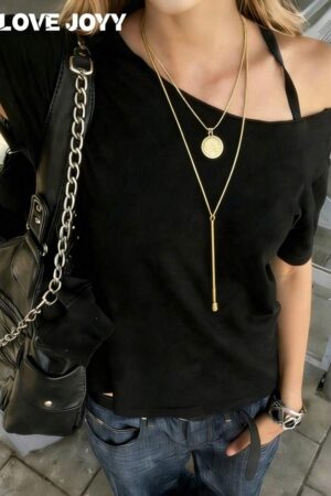 LOVE JOYY Women's Off Shoulder T-Shirt Casual Solid Print Spring-Fall, Black Top